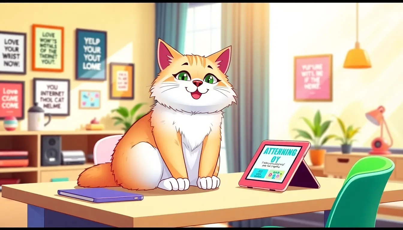 playful cat in a modern office setting with internet culture themes.